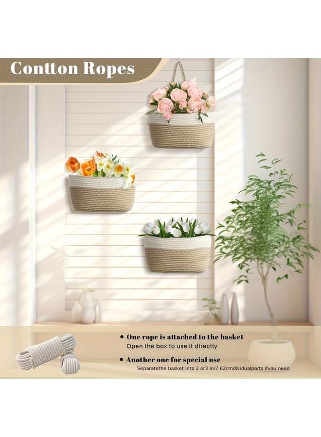 White And Khaki Fabric Hanging Storage Basket Set Wall Mounted Organizer For Living Room Bedroom Kitchen - Image 2